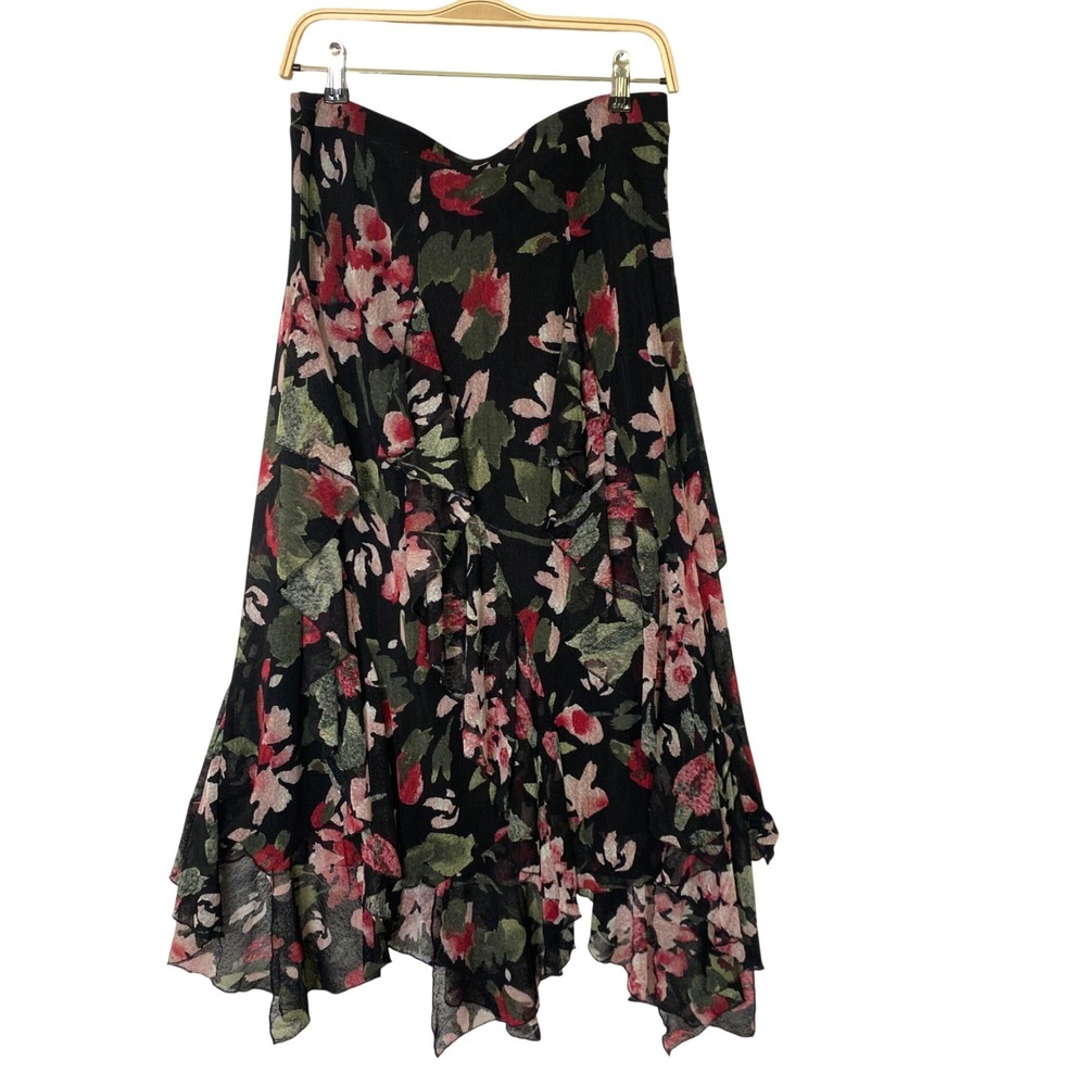 Ember Black Floral Mesh Maxi Skirt L Whimsigoth Fairy Grunge Ruffle Boho